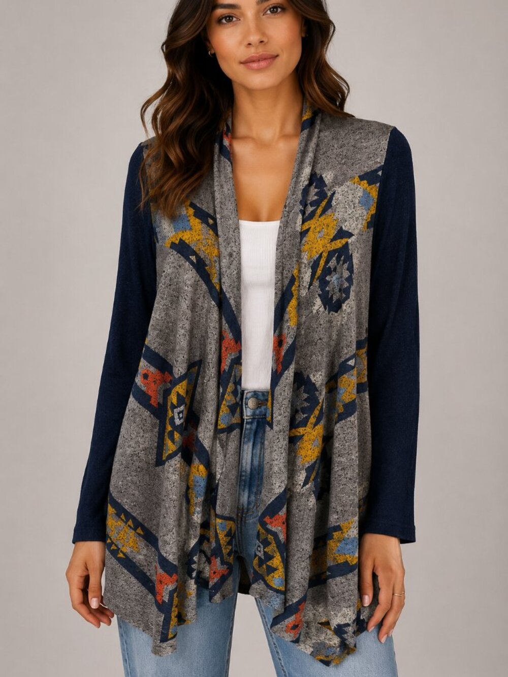 Allison Daley M Southwestern Aztec Print Draped Cardigan Navy Gray Mustard
